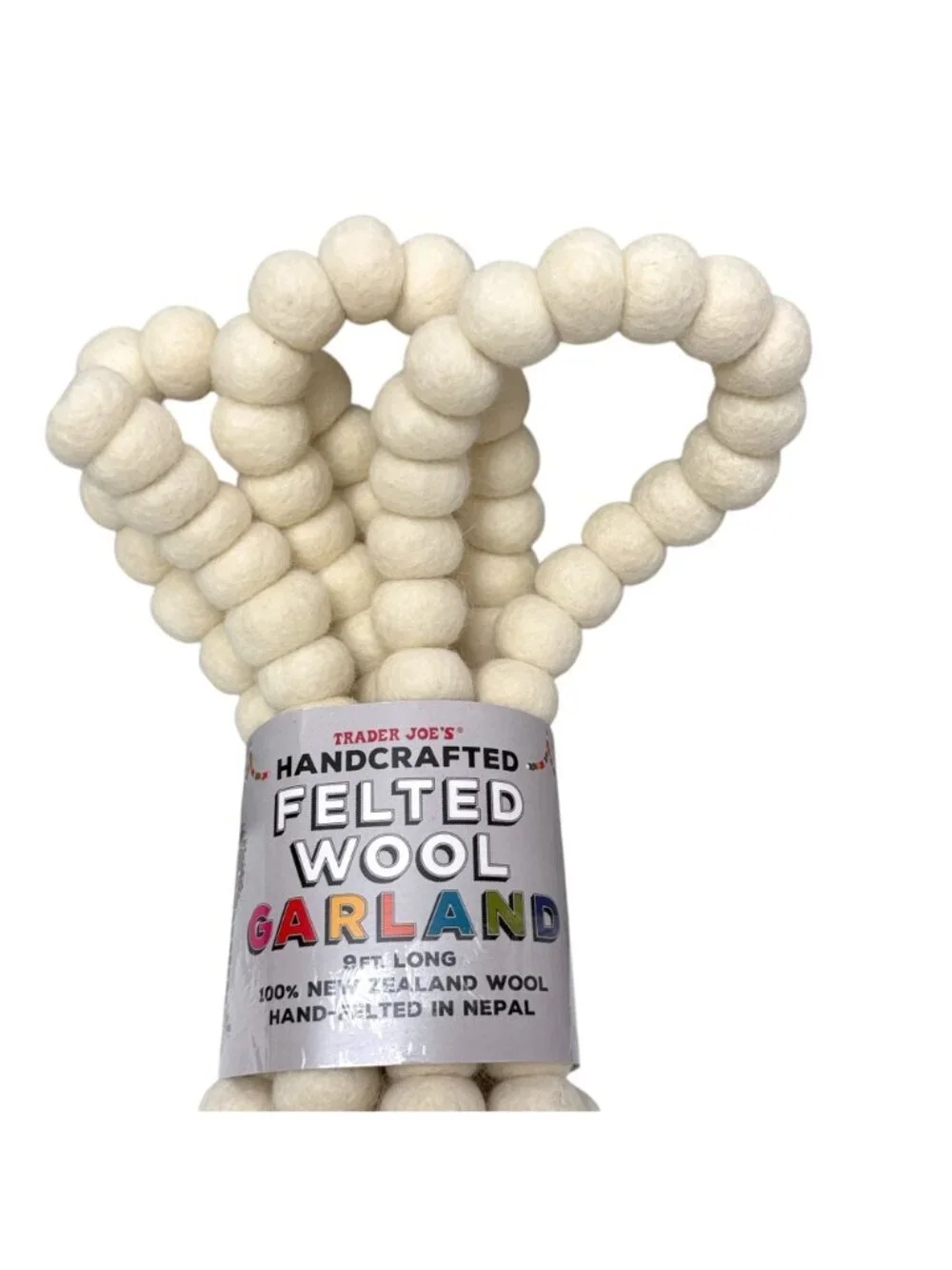 Trader Joe's Felted Wool Garland 9 ft White Cream Rustic Farmhouse Holiday Decor